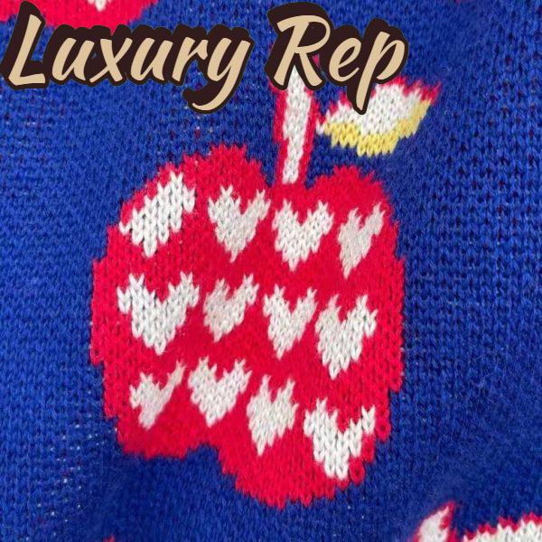Replica Gucci Women GG Les Pommes Cotton Cardigan Dark Blue Red Apple Knit Cotton Jacquard 5