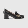 Replica Gucci Women Shoes Leather Mid-Heel Pump 50mm Heel-Black