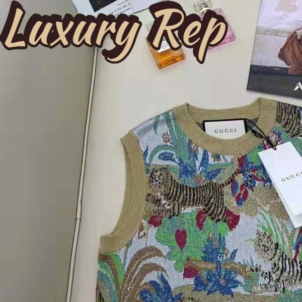 Replica Gucci Women GG Tiger Jacquard Vest Gold Green Tiger Flower Extra Fine Lurex Crewneck 7
