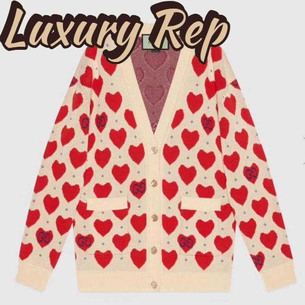Replica Gucci Women Les Pommes Cotton Heart Sweater White Hearts Knit Cotton Jacquard V-Neck