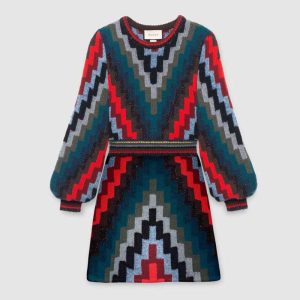 Replica Gucci Women Multicolor Geometric Pattern Wool Knit Mini Dress-Blue