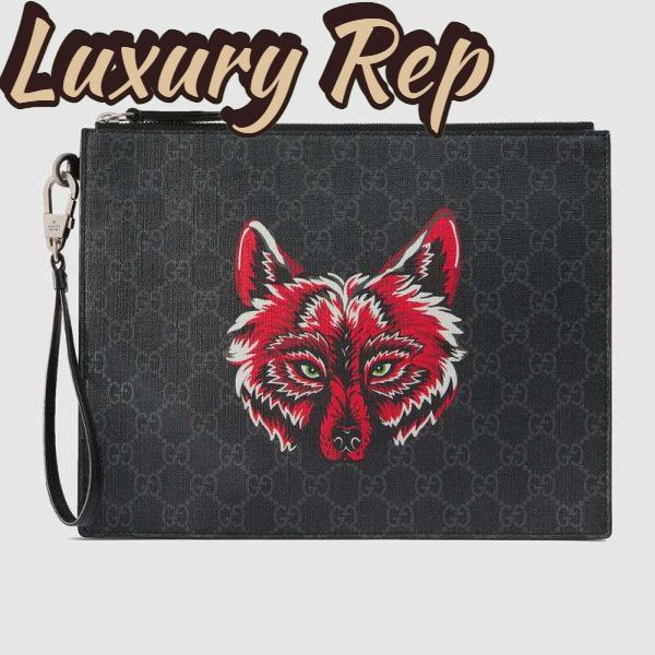 Replica Gucci GG Men Gucci Bestiary Pouch with Wolf in Black and Grey GG Supreme Canvas