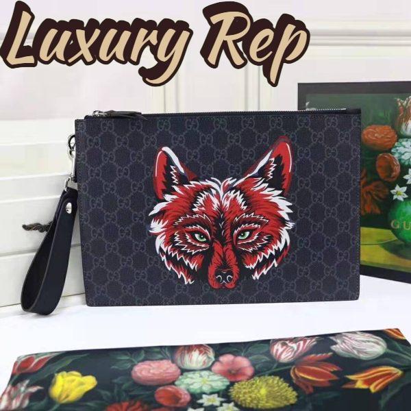 Replica Gucci GG Men Gucci Bestiary Pouch with Wolf in Black and Grey GG Supreme Canvas 3