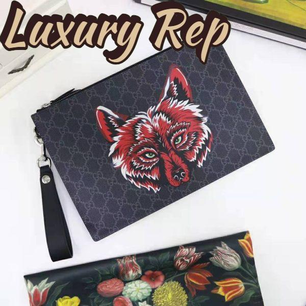 Replica Gucci GG Men Gucci Bestiary Pouch with Wolf in Black and Grey GG Supreme Canvas 4