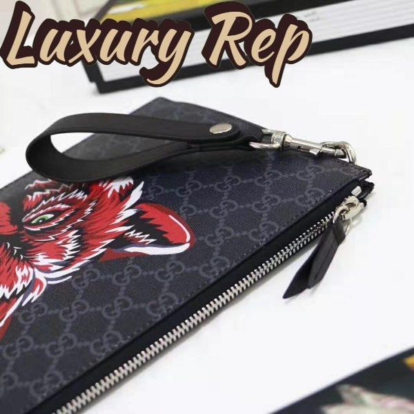 Replica Gucci GG Men Gucci Bestiary Pouch with Wolf in Black and Grey GG Supreme Canvas 10