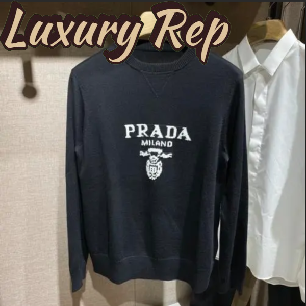 Replica Prada Men Cashmere Wool Prada Logo Crew-Neck Sweater Black Menswear Fit 9