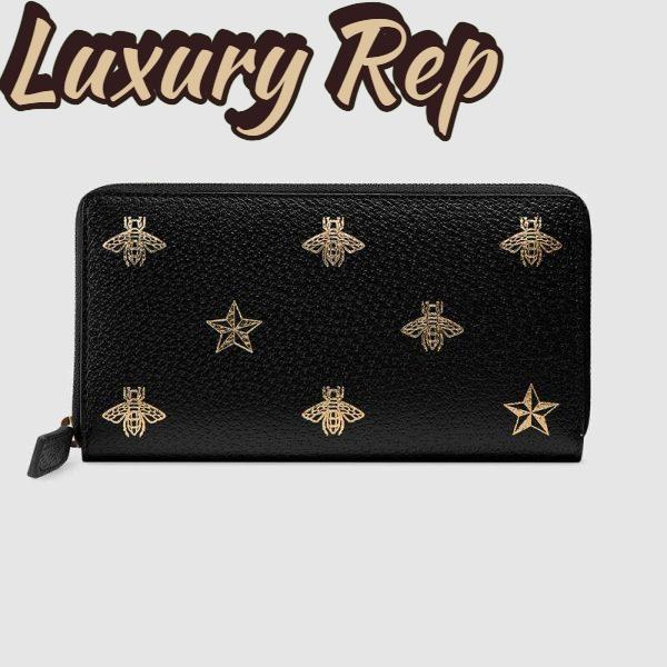 Replica Gucci GG Unisex Bee Star Leather Zip Around Wallet in Black Metal-Free Tanned Leather