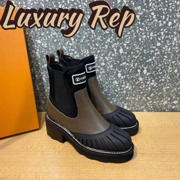 Replica Louis Vuitton Women Shoes LV Beaubourg Ankle Boot Khaki Green Calf Leather Neoprene 7