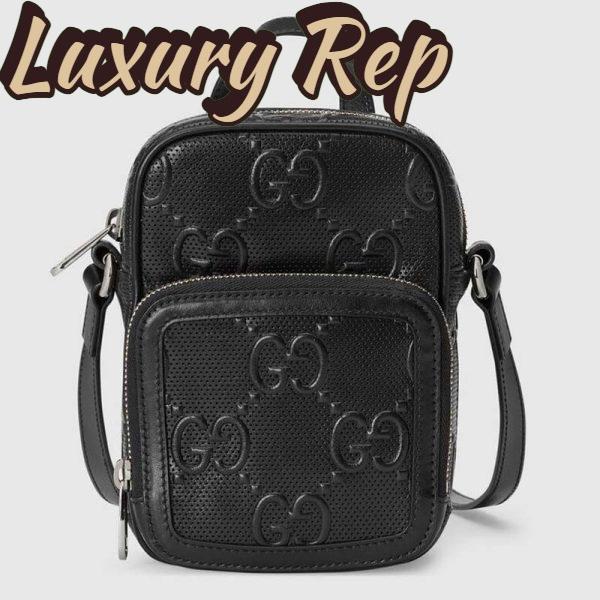 Replica Gucci GG Unisex Embossed Mini Bag Black Leather Cotton Linen