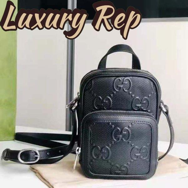 Replica Gucci GG Unisex Embossed Mini Bag Black Leather Cotton Linen 3
