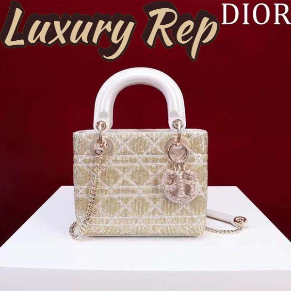 Replica Dior Women CD Mini Lady Dior Bag Caramel Beige Cannage Cotton Embroidered Micropearls 3