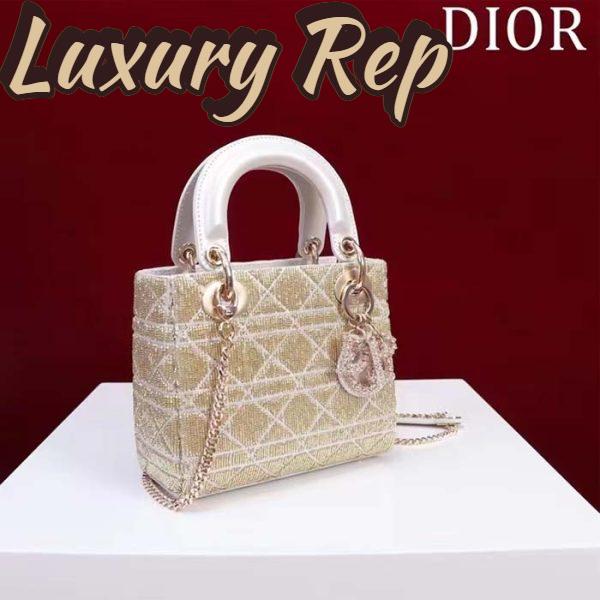 Replica Dior Women CD Mini Lady Dior Bag Caramel Beige Cannage Cotton Embroidered Micropearls 5