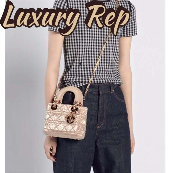 Replica Dior Women CD Mini Lady Dior Bag Caramel Beige Cannage Cotton Embroidered Micropearls 12