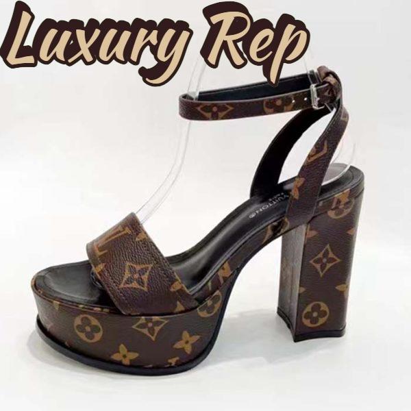 Replica Louis Vuitton Women LV Fame Platform Sandal Brown Monogram Denim Leather 11.5 CM Heel 2