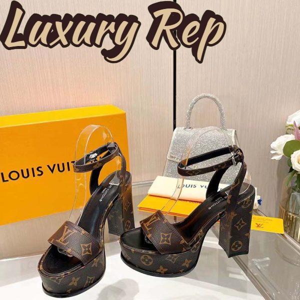 Replica Louis Vuitton Women LV Fame Platform Sandal Brown Monogram Denim Leather 11.5 CM Heel 4