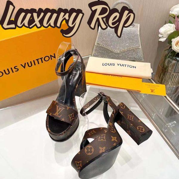 Replica Louis Vuitton Women LV Fame Platform Sandal Brown Monogram Denim Leather 11.5 CM Heel 5