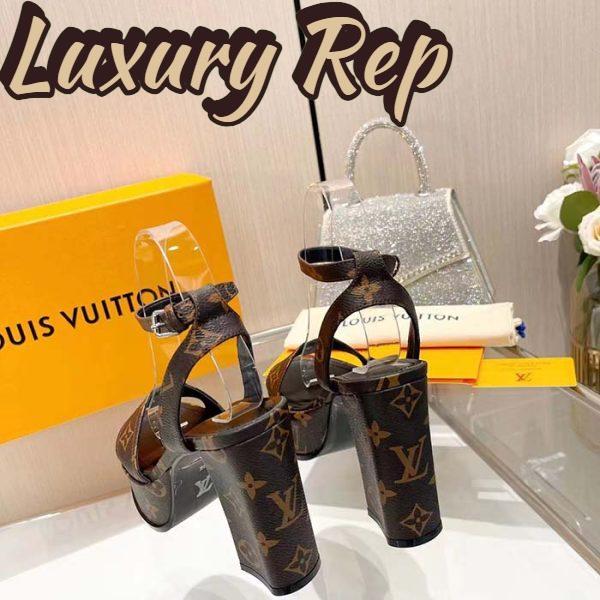 Replica Louis Vuitton Women LV Fame Platform Sandal Brown Monogram Denim Leather 11.5 CM Heel 6