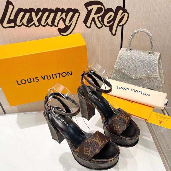 Replica Louis Vuitton Women LV Fame Platform Sandal Brown Monogram Denim Leather 11.5 CM Heel 8
