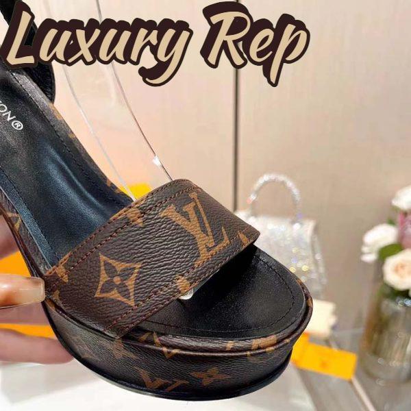 Replica Louis Vuitton Women LV Fame Platform Sandal Brown Monogram Denim Leather 11.5 CM Heel 10
