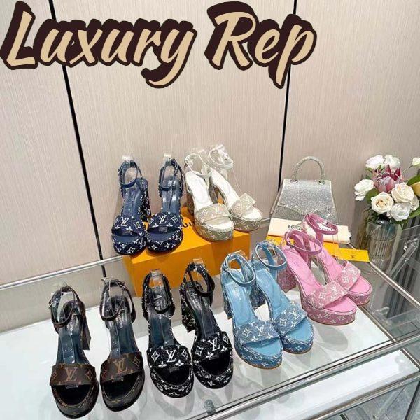 Replica Louis Vuitton Women LV Fame Platform Sandal Brown Monogram Denim Leather 11.5 CM Heel 11