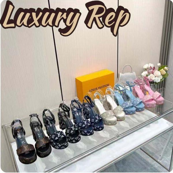 Replica Louis Vuitton Women LV Fame Platform Sandal Brown Monogram Denim Leather 11.5 CM Heel 12