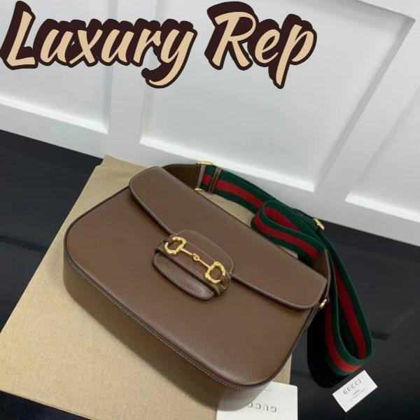 Replica Gucci GG Unisex Horsebit 1955 Shoulder Bag Brown Leather Green Red Web 5