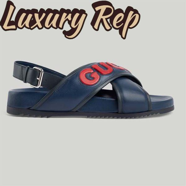 Replica Gucci Unisex GG Gucci Sandal Smooth Blue Red Leather Script Rubber Buckle Flat