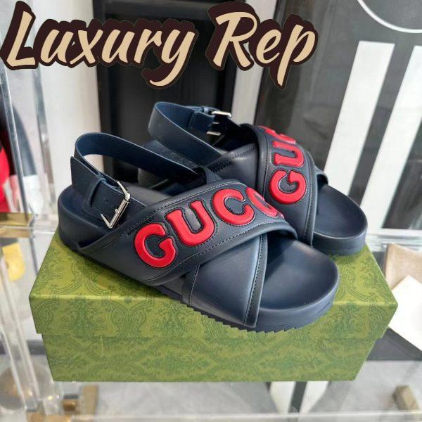 Replica Gucci Unisex GG Gucci Sandal Smooth Blue Red Leather Script Rubber Buckle Flat 3
