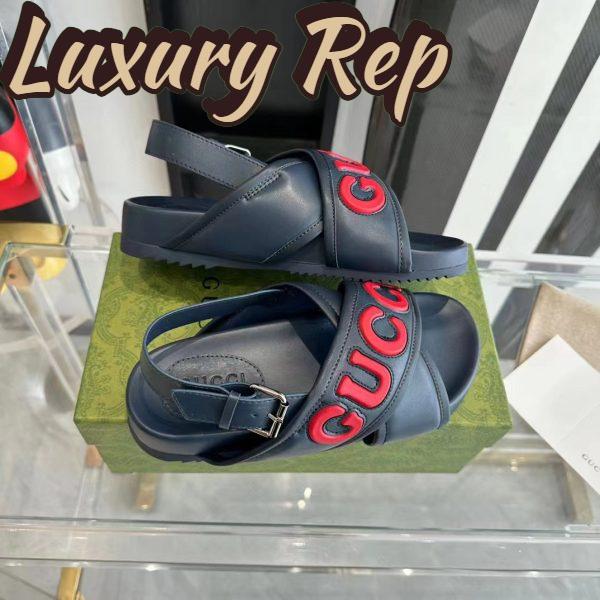 Replica Gucci Unisex GG Gucci Sandal Smooth Blue Red Leather Script Rubber Buckle Flat 4