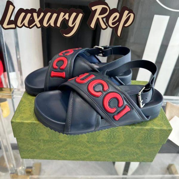 Replica Gucci Unisex GG Gucci Sandal Smooth Blue Red Leather Script Rubber Buckle Flat 5