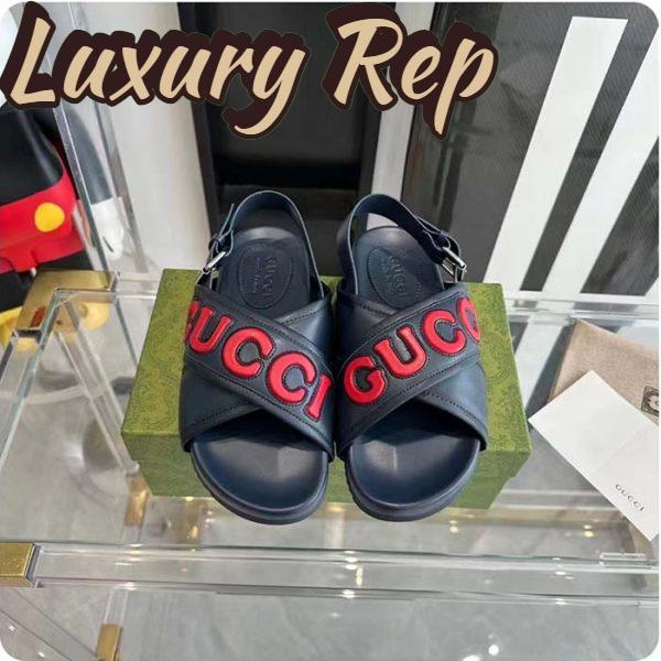 Replica Gucci Unisex GG Gucci Sandal Smooth Blue Red Leather Script Rubber Buckle Flat 6