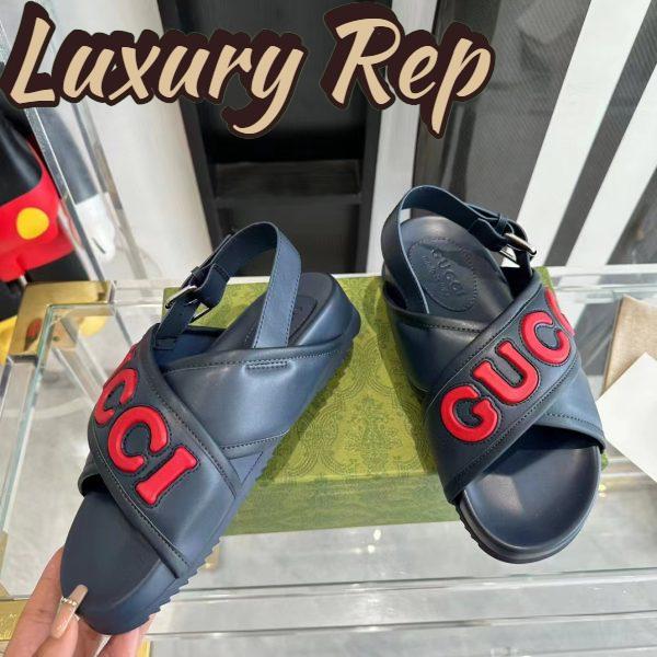 Replica Gucci Unisex GG Gucci Sandal Smooth Blue Red Leather Script Rubber Buckle Flat 8