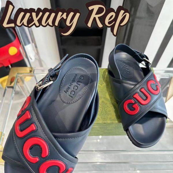 Replica Gucci Unisex GG Gucci Sandal Smooth Blue Red Leather Script Rubber Buckle Flat 10