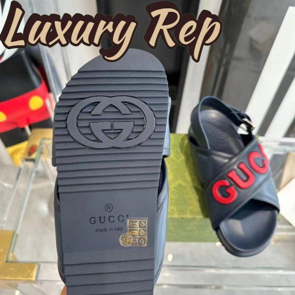 Replica Gucci Unisex GG Gucci Sandal Smooth Blue Red Leather Script Rubber Buckle Flat 11