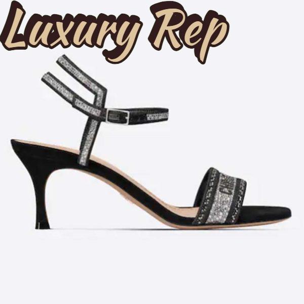 Replica Dior Women CD Dway Heeled Sandal Black Cotton Embroidered Thread Silver-Tone Strass