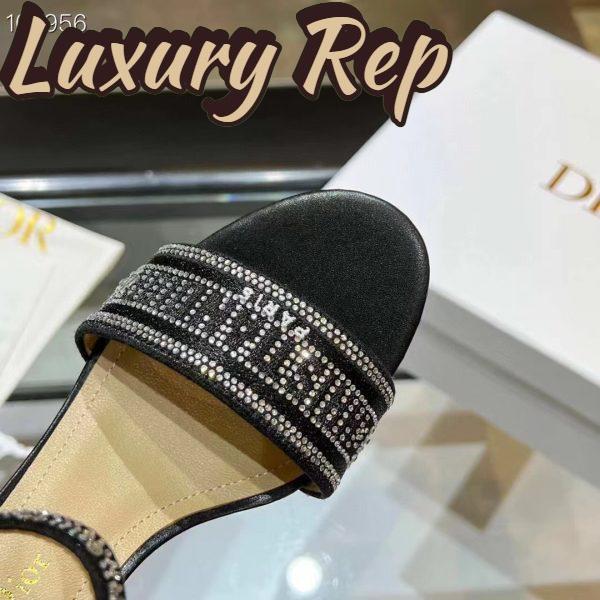 Replica Dior Women CD Dway Heeled Sandal Black Cotton Embroidered Thread Silver-Tone Strass 10