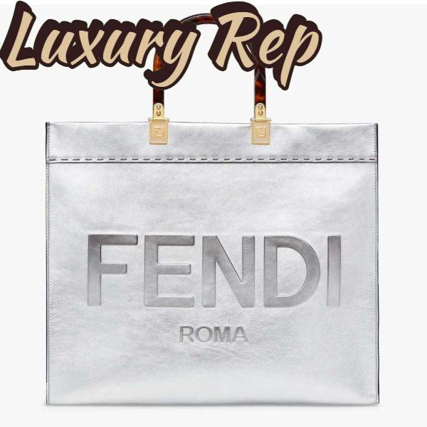 Replica Fendi Women Fendi Sunshine Medium Silver Laminated Leather Shopper 2
