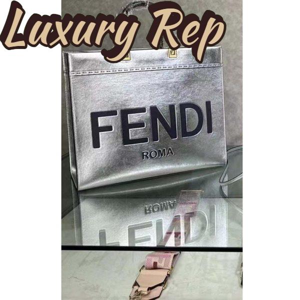 Replica Fendi Women Fendi Sunshine Medium Silver Laminated Leather Shopper 9