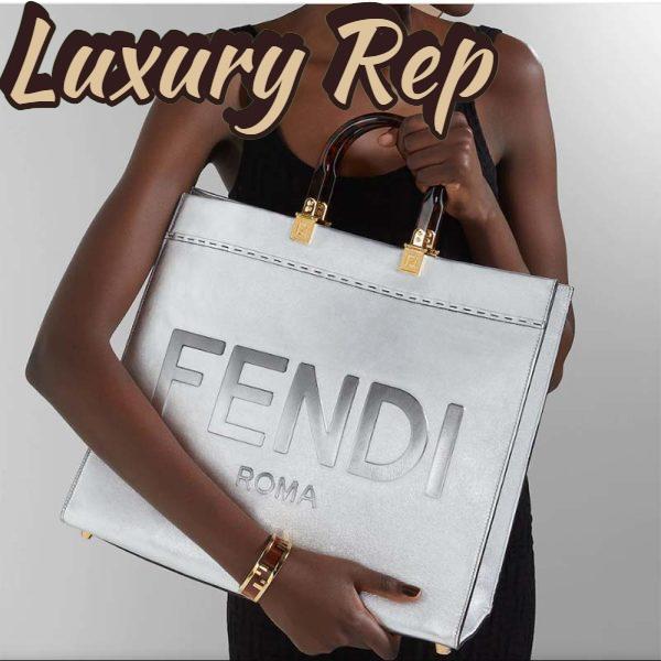 Replica Fendi Women Fendi Sunshine Medium Silver Laminated Leather Shopper 10