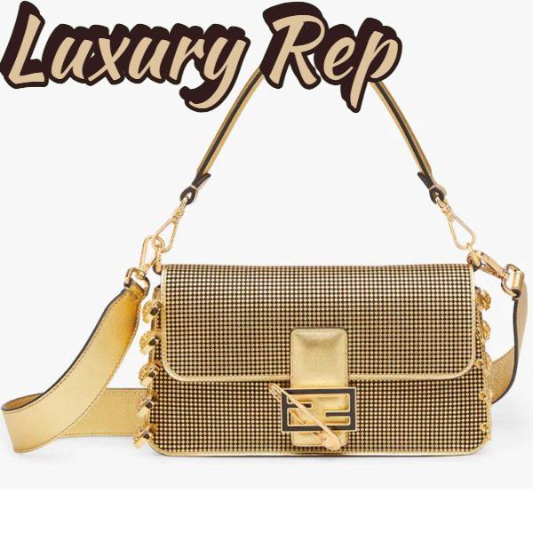 Replica Fendi Women FF Baguette Brooch Fendace Bag Gold Perforated Leather