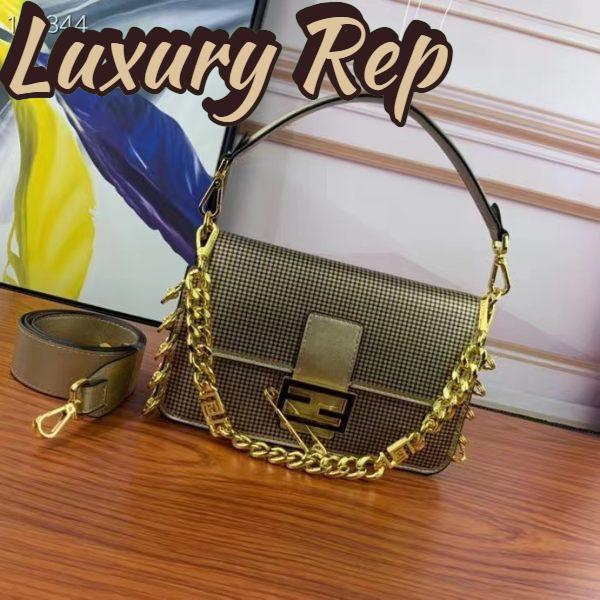 Replica Fendi Women FF Baguette Brooch Fendace Bag Gold Perforated Leather 3