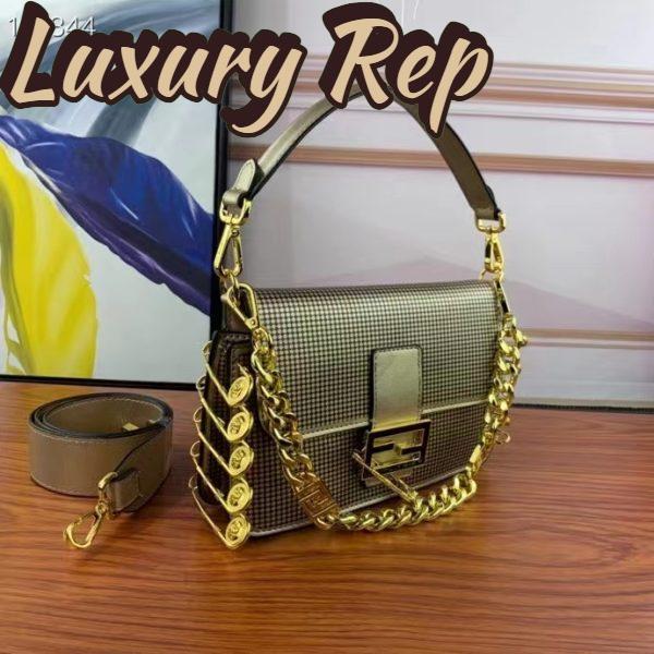 Replica Fendi Women FF Baguette Brooch Fendace Bag Gold Perforated Leather 4