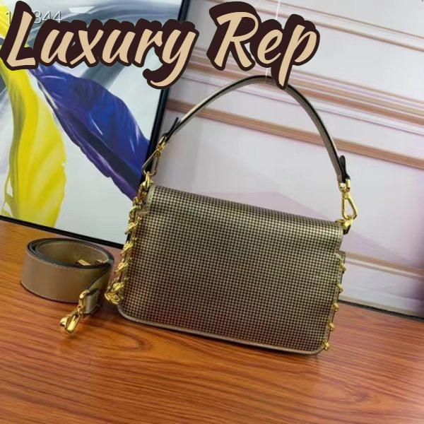 Replica Fendi Women FF Baguette Brooch Fendace Bag Gold Perforated Leather 5