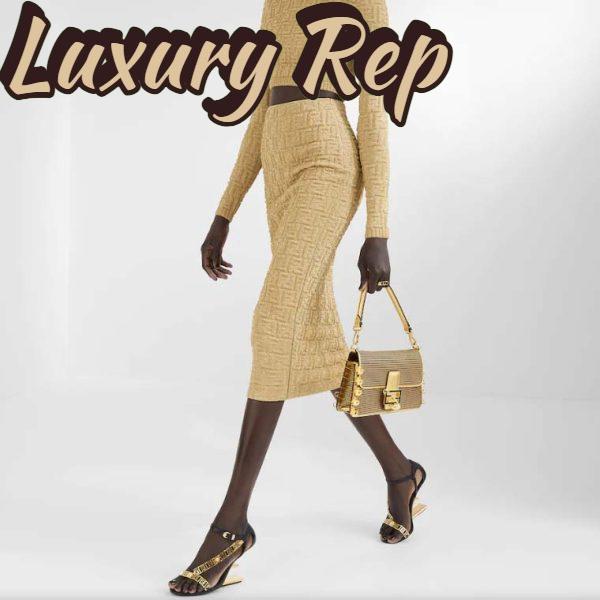 Replica Fendi Women FF Baguette Brooch Fendace Bag Gold Perforated Leather 12