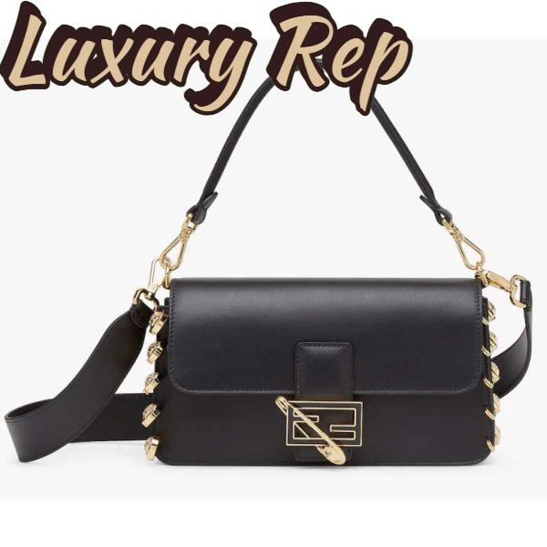 Replica Fendi Women FF Baguette Brooch Fendace Black Leather Bag