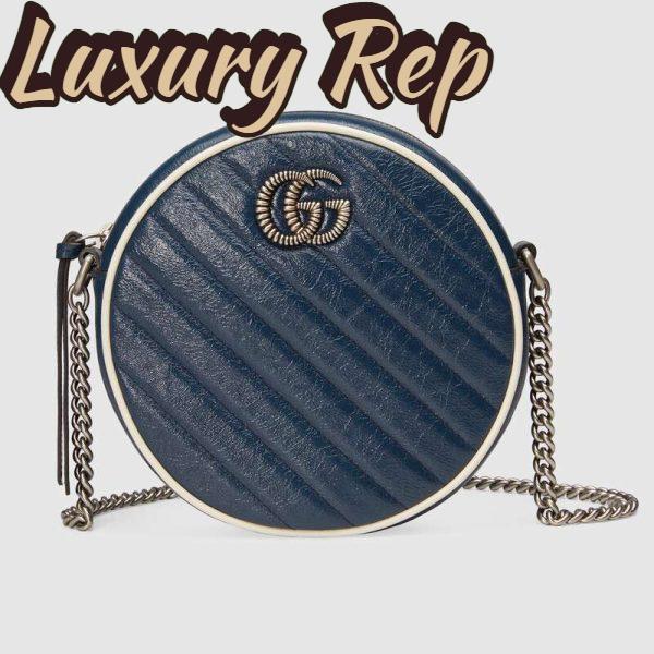 Replica Gucci GG Women GG Marmont Mini Round Shoulder Bag in Blue Diagonal Matelassé Leather