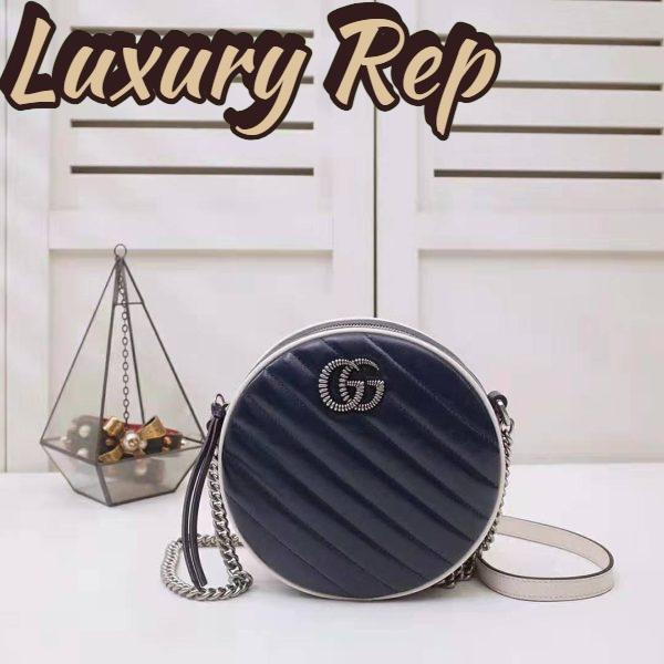 Replica Gucci GG Women GG Marmont Mini Round Shoulder Bag in Blue Diagonal Matelassé Leather 3