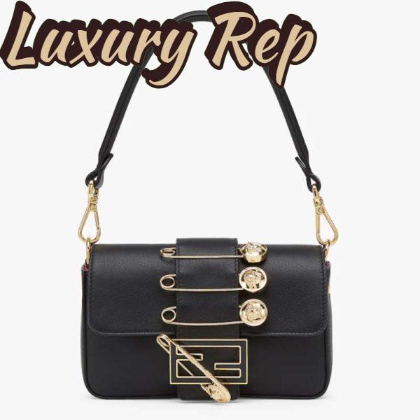 Replica Fendi Women FF Brooch Mini Baguette Fendace Black Leather Bag 2