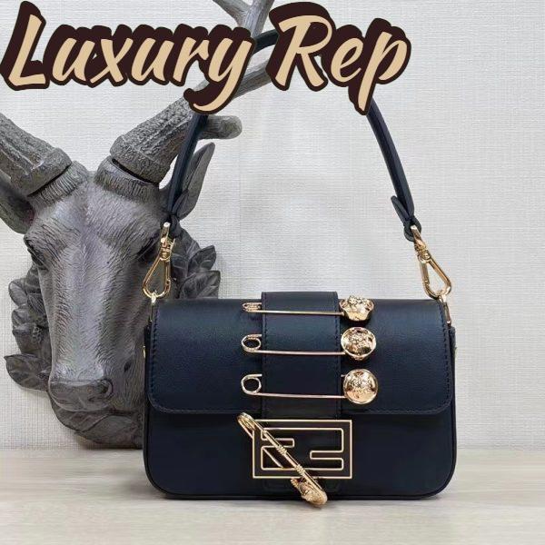 Replica Fendi Women FF Brooch Mini Baguette Fendace Black Leather Bag 3