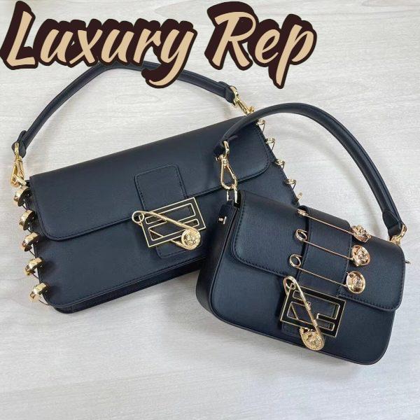 Replica Fendi Women FF Brooch Mini Baguette Fendace Black Leather Bag 8